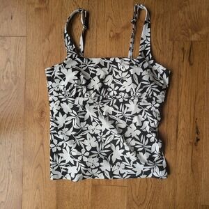 Lands End Floral Tankini Swim Top Black & White Womens Sz 16‎ Bathing Suit Beach